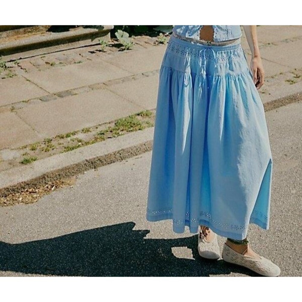 Free People Gesibelle Maxi Skirt Floral Eyelet Embroidered Cotton Blue M 287904